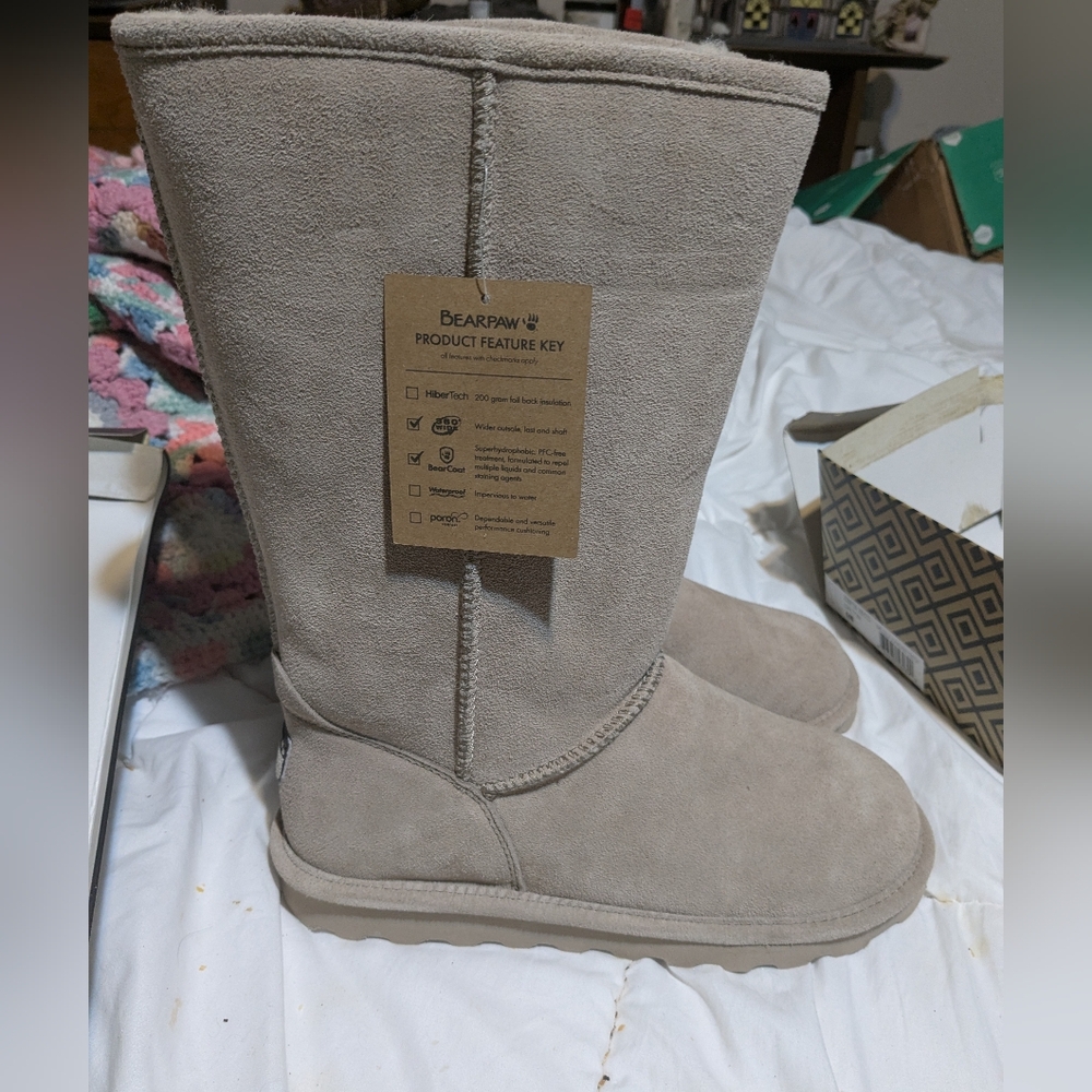 BearPaw Elle Tall Shearling Boots 11 Wide Mushroom Taupe Water Resistant